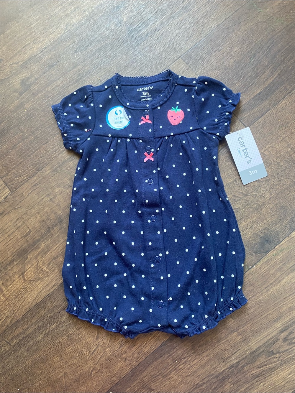 Carter's Navy Polka Dot Infant Bubble Romper with Strawberry Accent